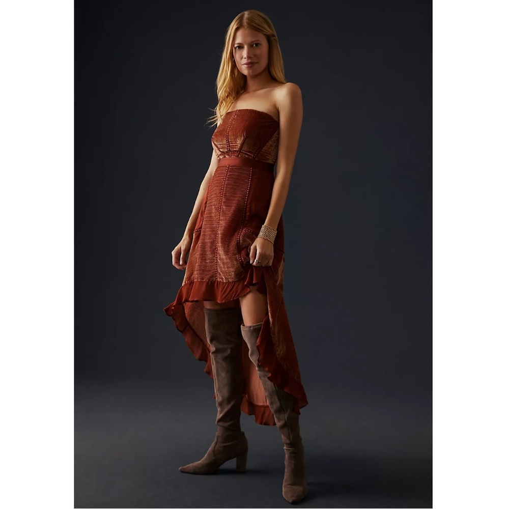 NWOT Anthropologie Velvet Asymmetrical High-Low Dress in Copper Size 6